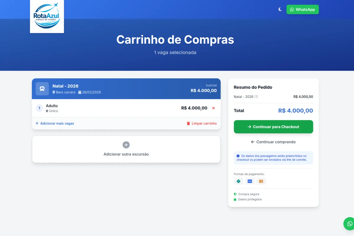 Checkout de excursão com PIX automático e QR Code