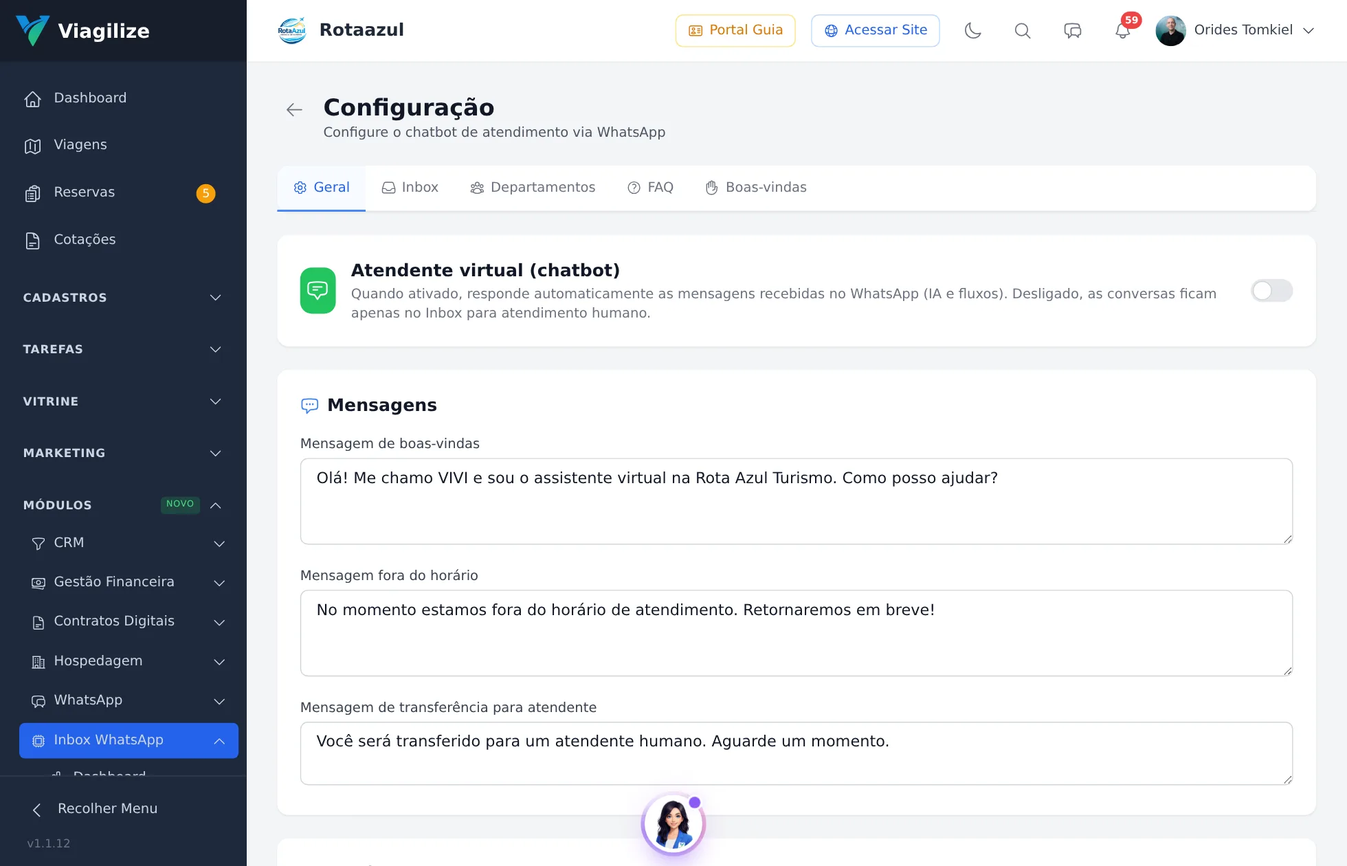 Painel do Inbox WhatsApp com dados do cliente e viagens