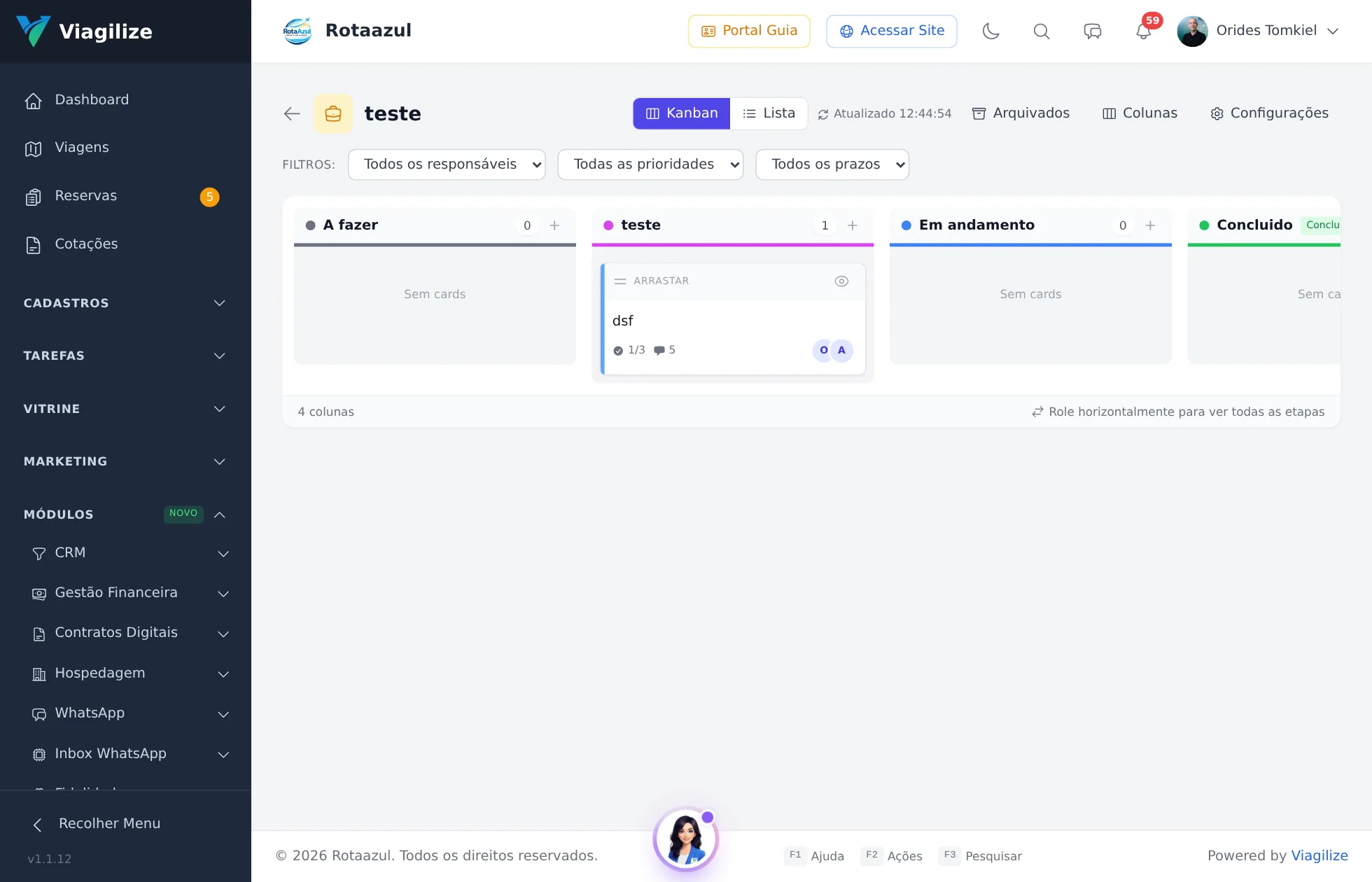 Quadro Kanban de tarefas operacionais da agência